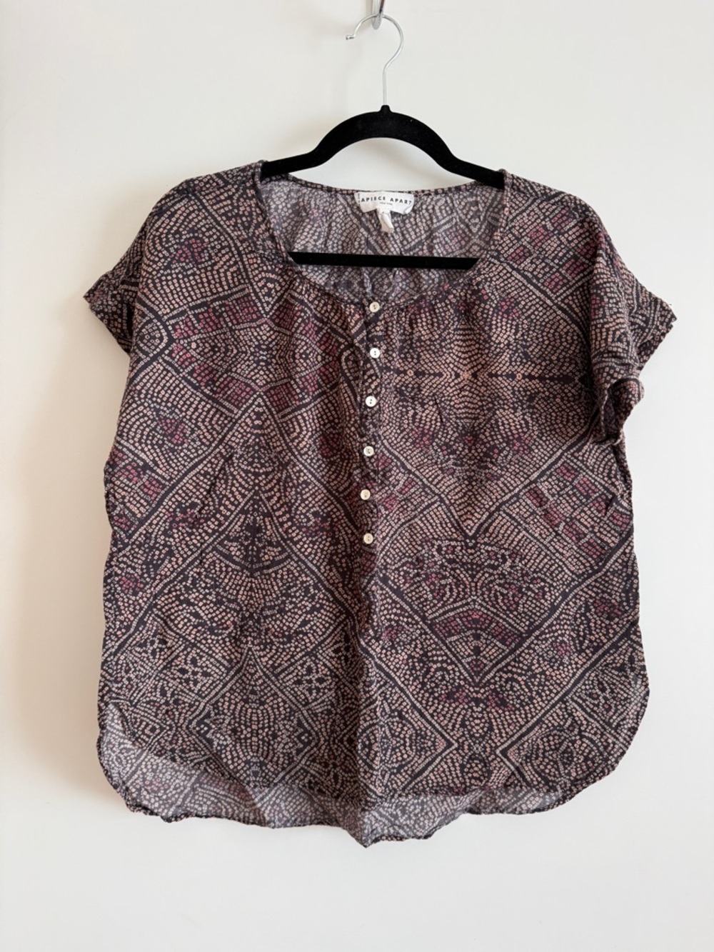 Apiece Apart Black and Pink Patterned Short Sleeve Henley